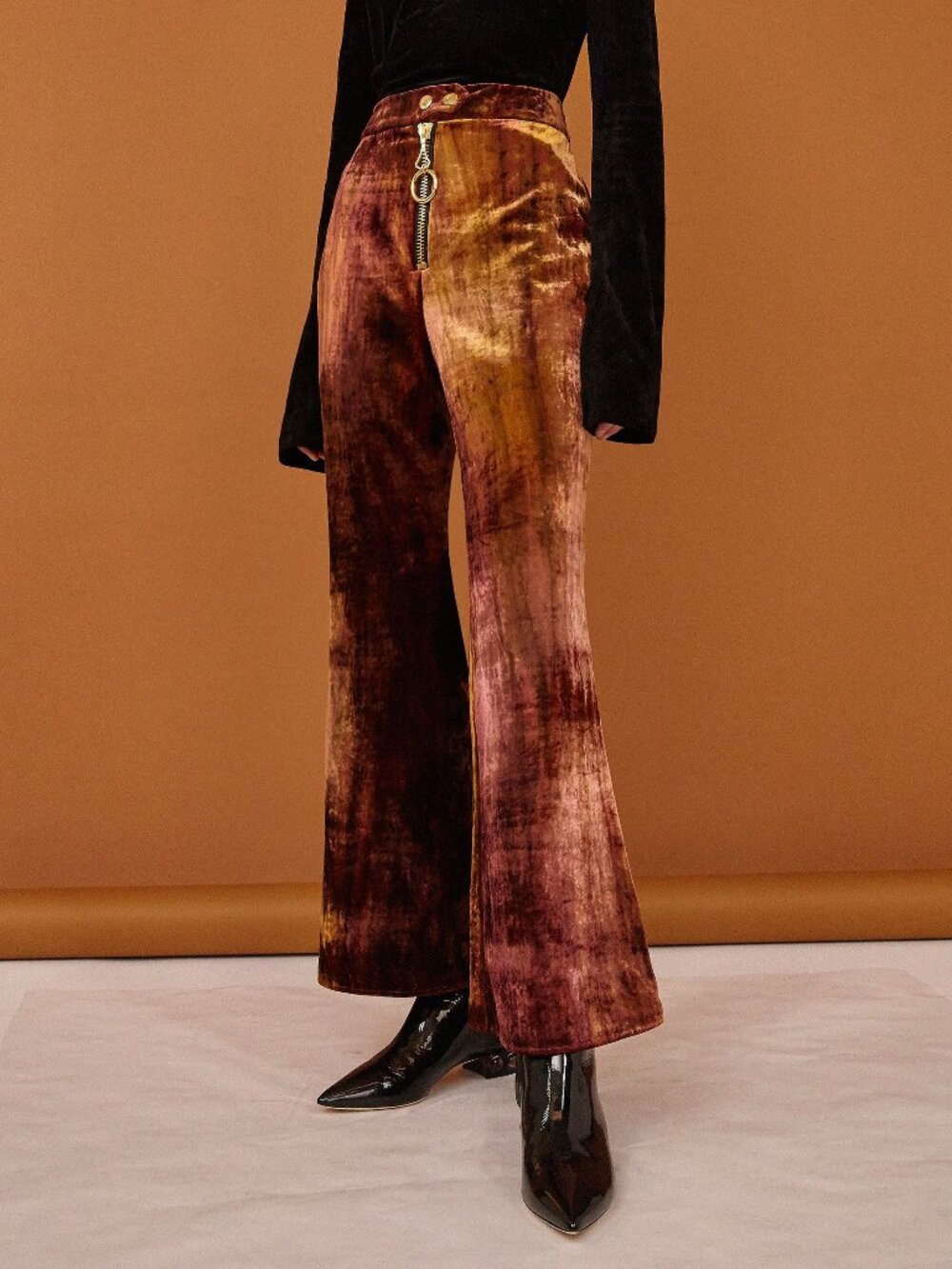 Ellery PF17 Cooly Chant Mottled Rust Cropped Crushed-Velvet Flared Pants